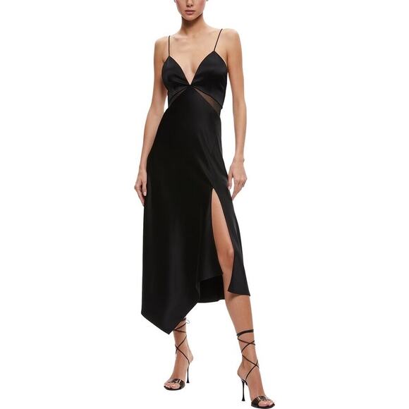Alice + Olivia NWT Black Moriah Sheer Cutout Satin Midi Dress Size 2 - Picture 1 of 12